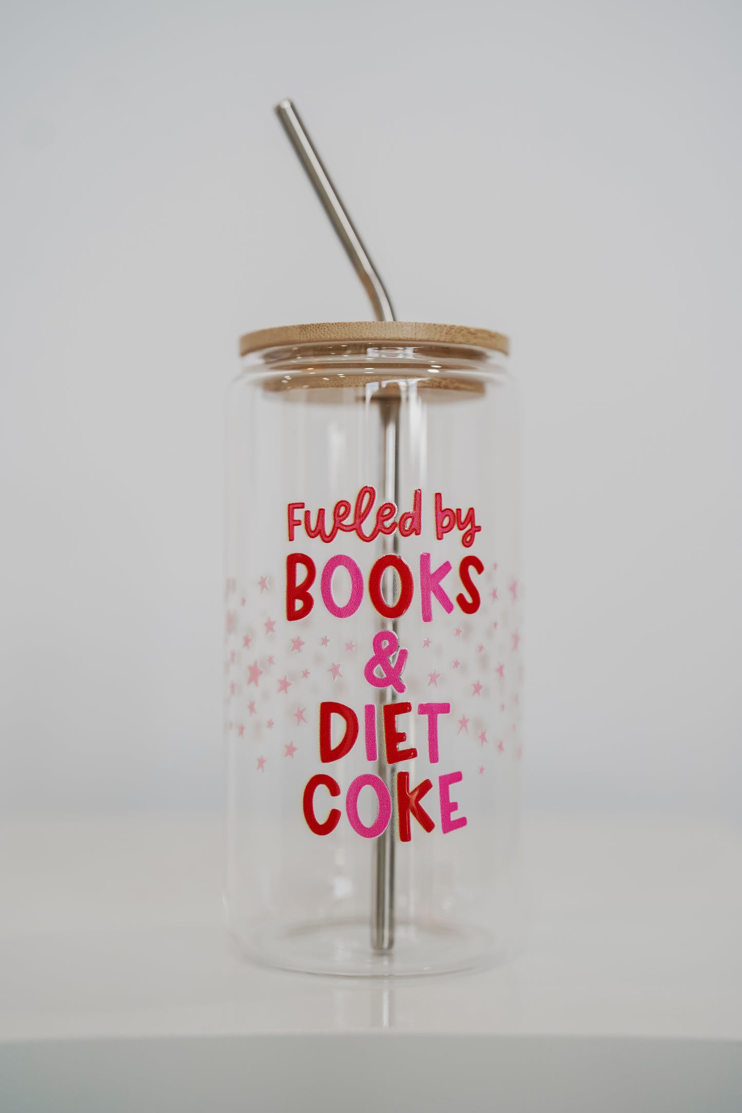 Diet Coke & Books glass can with stainless straw