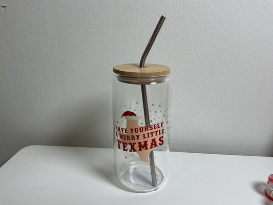 Glass Can with wooden top & silver straw -FINAL SALE